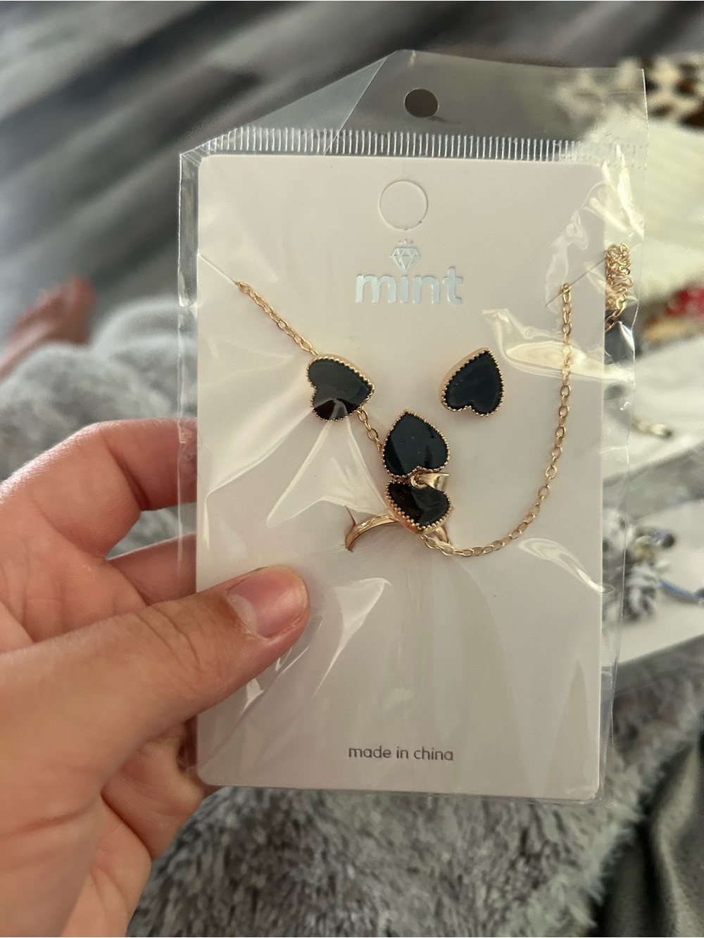 4/$50 Mint Gold-Tone Necklace with Black Heart Charms